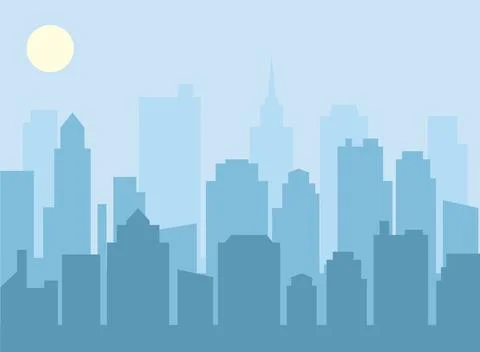 A flat style vector illustration of a daytime city skyline, showcasing modern Ilustración de archivo