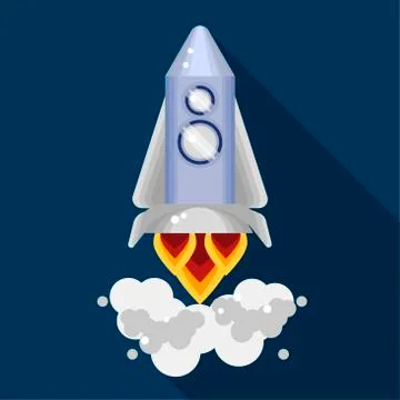 Flat style, vector illustration with flying rocket, space travel to the moo.. Stock Illustration