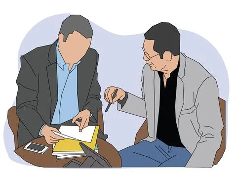 Flat-style vector illustration of two businessmen discussing documents and .. Illustrazione stock