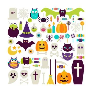 Flat Style Vector Set of Halloween Holidays Objects Isolated over White Stock Illustration
