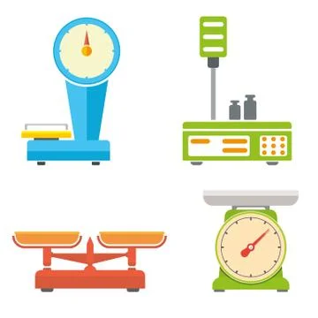 Flat style weighing scale set vector illustration. Stock Illustration