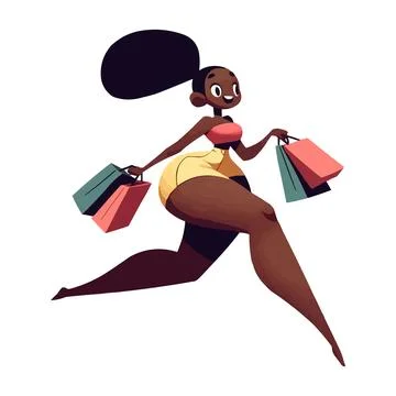 Flat style, white background with a dark-skinned woman running with packages Stock Illustration