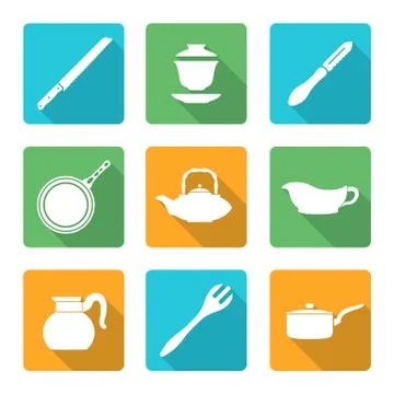 Flat style white dinnerware icons set Stock-Illustration