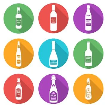 Flat style white silhouettes alcohol bottles icons set Stock Illustration