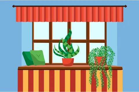 Flat style window with flowers, cat, pillows, curtains. View from the window, Stock Illustration