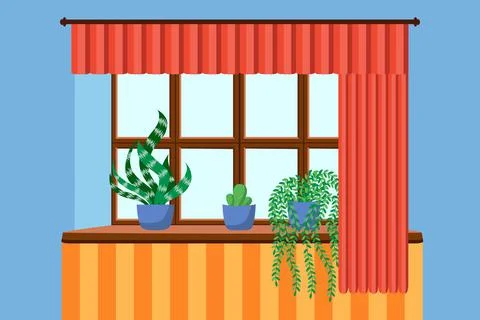 Flat style window with flowers, cat, pillows, curtains. View from the window, Stock Illustration
