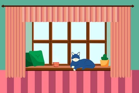 Flat style window with flowers, cat, pillows, curtains. View from the window, Stock Illustration