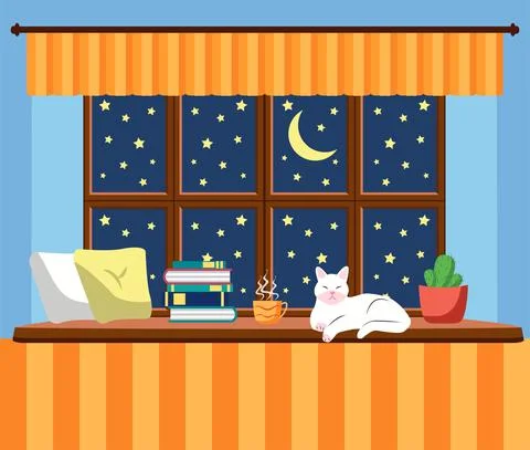 Flat style window with flowers, cat, pillows, curtains. View from the window, Stock Illustration