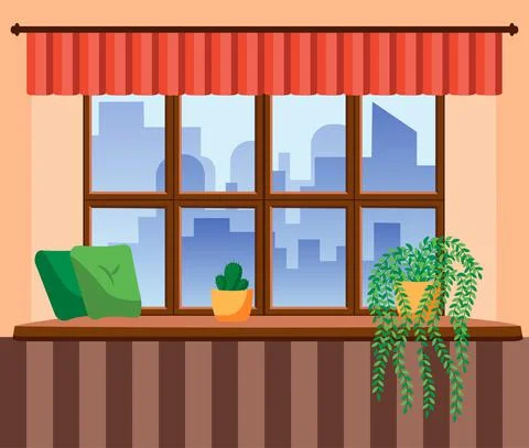 Flat style window with flowers, cat, pillows, curtains. View from the window, Stock Illustration