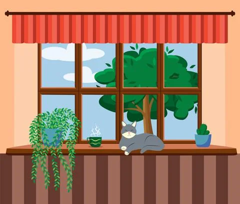 Flat style window with flowers, cat, pillows, curtains. View from the window, Stock Illustration