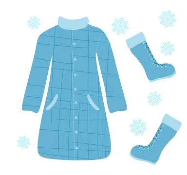 Flat style Winter Clothes isolated on white with Snowflakes. Warm coat and boots Stock Illustration