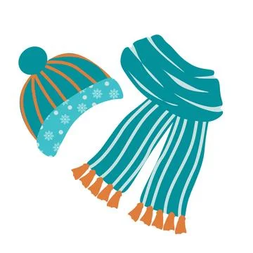 Flat style Winter or Autumn Cloth isolated on white background. Warm Hat and Sca Stock Illustration