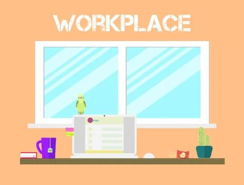 Flat style workspace icons design. Workplace and home office desk with big Stockillustratie