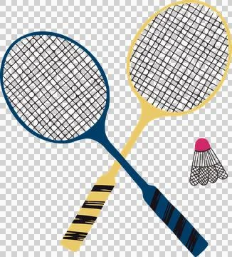 Flat style yellow and blue rackets are crossing on transparent backdrop, with Illustration