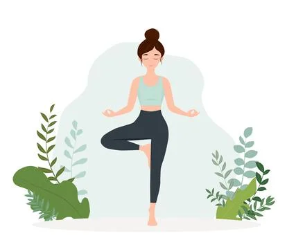 Flat style yoga balance pose with woman standing on one leg, surrounded by .. 스톡 일러스트