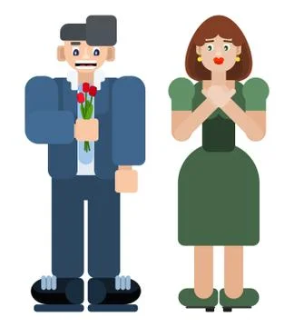 Flat style young couple with flowers. date meeting Ilustração Stock