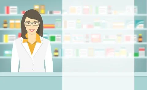 Flat style young pharmacist at pharmacy opposite shelves of medicines Stock Illustration