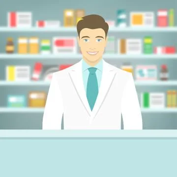 Flat style young pharmacist at pharmacy opposite shelves of medicines Stock Illustration