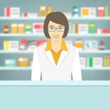 Flat style young pharmacist at pharmacy opposite shelves of medicines イラスト素材