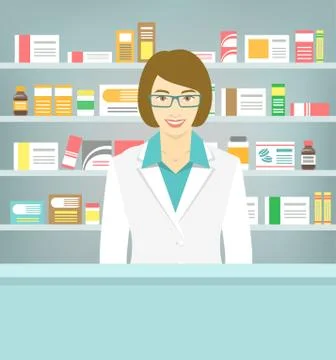 Flat style young pharmacist at pharmacy opposite shelves of medicines Stock-Illustration