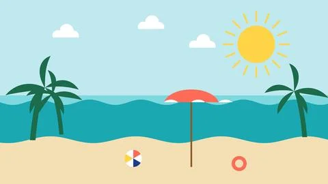 Flat summer beach landscape with palms, sun and umbrella Stock Illustration