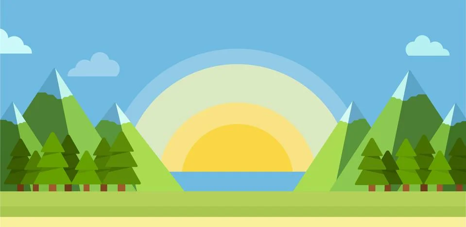 Flat summer landscape vector illustration. Morning in the mountains. Stock Illustration