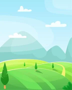 Flat summer vector cartoon landscape. Fields with trees and mountains Illustrazione stock