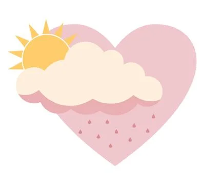 Flat sun behind cloud over pink sky heart sky with rain isolated on white bac Stock Illustration