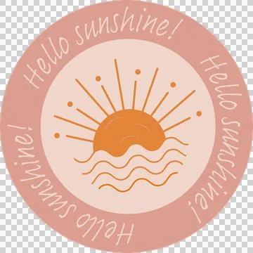 Flat sun is rising over waves, rays in dusty pink ring, 'Hello sunshine!' on Illustrazione stock