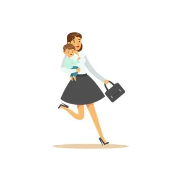 Flat super mom character with child, running 스톡 일러스트
