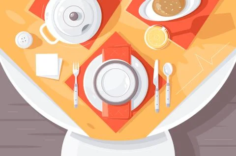 Flat table setting with plate, food, cutlery, teapot and tablecloth. Stock Illustration
