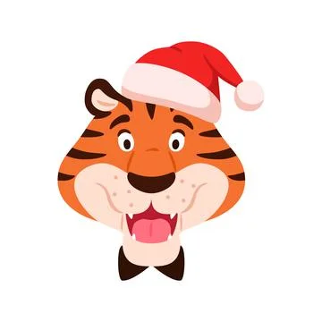 Flat talking smiling tiger face in Santa hat Stock Illustration