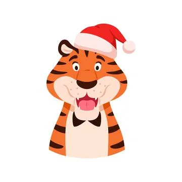 Flat talking smiling tiger in Santa hat portrait Stock Illustration