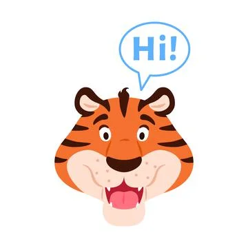 Flat talking smiling tiger say Hi face isolated. Stock Illustration