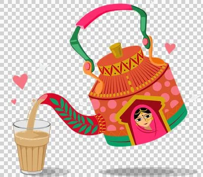 Flat tea kettle is pouring into glass with folk-art portrait and hearts on Illustration