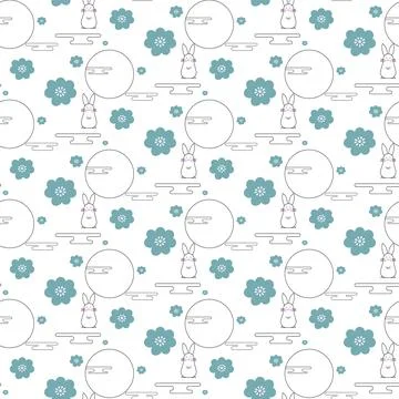 Flat Teal and White Rabbit and Flower Pattern Background Stock Illustration