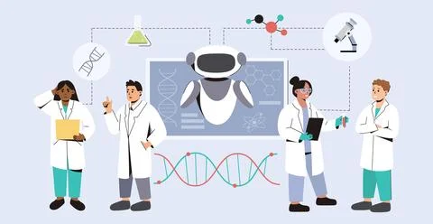 Flat team of scientists using AI in medicine Ilustração Stock