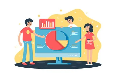 Flat team works on project with help of analytics, computer and diagram in Stock Illustration