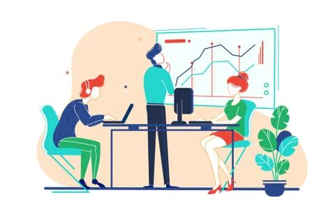 Flat team works on project with help of analytics, computers and graphs in Stock Illustration