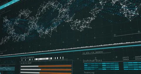 Flat tech dashboard is showing network nodes, histogram and bar charts, line Foto stock