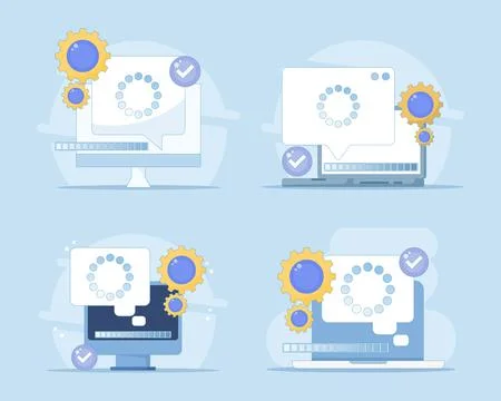 Flat technology elements set illustrating completed tasks, progress tracking. Ilustração Stock