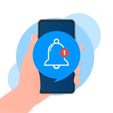 Flat template with bell alert and smartphone on blue background for mobile ap Illustrazione stock