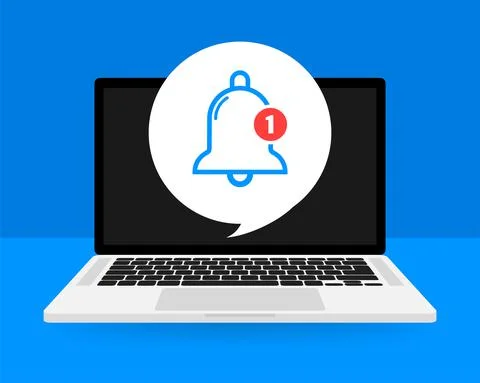 Flat template with bell alert and laptop on blue background for mobile app de 库存插图