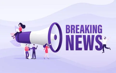Flat template with megaphone people breaking news for flyer design. Breaking Ilustración de archivo