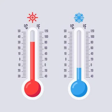 Flat thermometers. Hot and cold mercury thermometer with fahrenheit and cel.. Stock Illustration