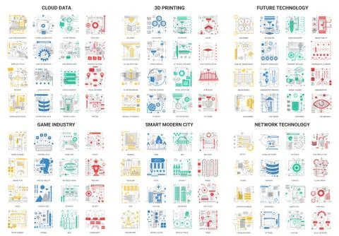 Flat thin line abstract icons vector illustration set with future technology of Illustrazione stock