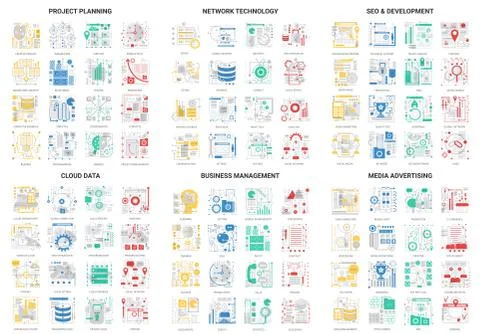 Flat thin line abstract icons vector illustration set with network technology Illustrazione stock