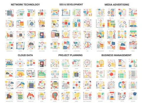 Flat thin line abstract icons vector illustration set with network technology Stock Illustration