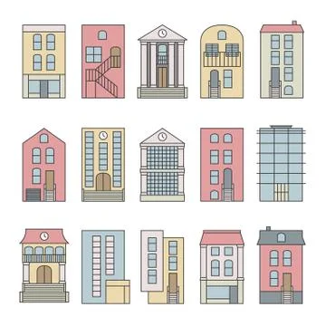 Flat thin line color vector city buildings set. Isolated on white background. Stock Illustration
