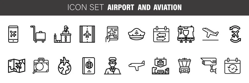 Flat thin line Icons set of AVIATION and Airport. Simple mono linear pictogra Stock Illustration